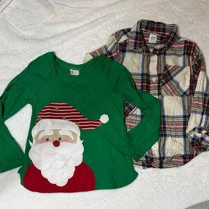 EUC Santa appliqué top and plaid flannel button down size 4